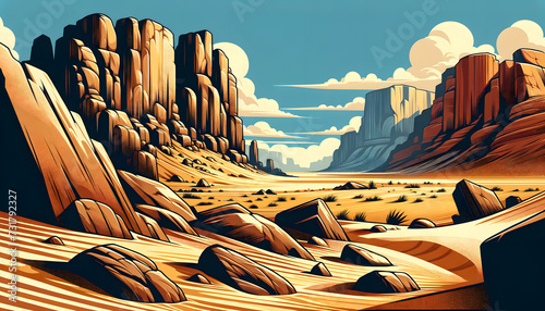 A unique desert scene featuring bizarre rock formations and sand dunes