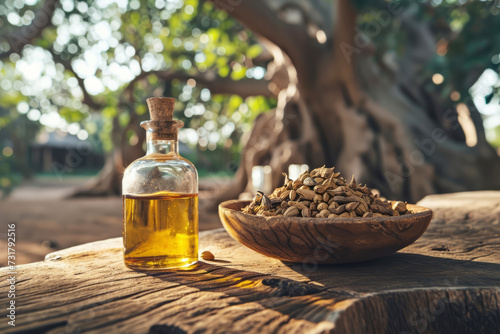 Baobab oil in a glass bottle with seeds in a wooden bowl with blurred Baobab tree background. Organic hair and skin care and wellness concepts