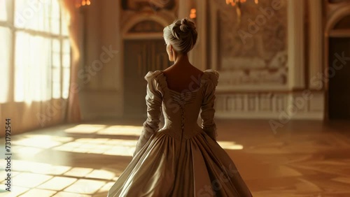 Beautiful woman in a long dress in the interior of the palace photo