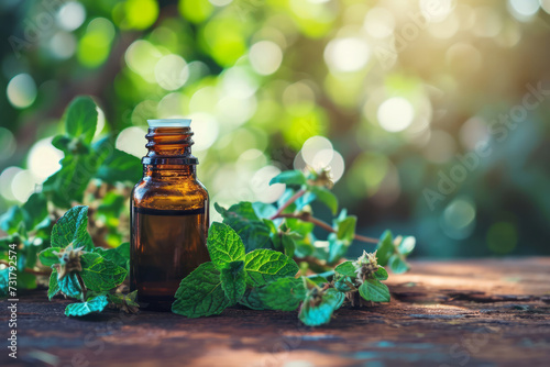 Peppermint Essential Oil in small glass bottle with fresh leaves on wooden table with blurred Summer garden background with space for text. Organic skincare, aromatherapy and wellness concepts