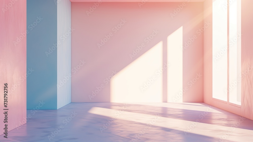 Minimalistic light pastel pink and blue empty room interior with sunlight shadow on the wall from the window Minimalistic light pastel pink and blue empty room interior with sunlight shadow on the wall from the window