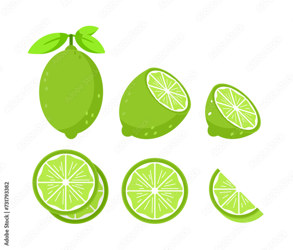 Set featuring whole and sliced lime fruits with leaves and flowers