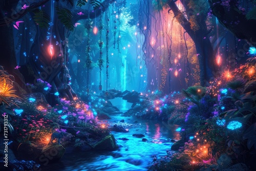 An enchanted forest with magical creatures  glowing plants  ancient trees  a hidden fairy village  mystical ambiance. Resplendent.