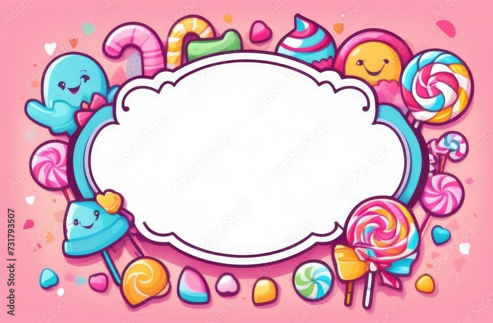 Frame with sweets and lollipops on pink surface, copy place, top view, birthday party background