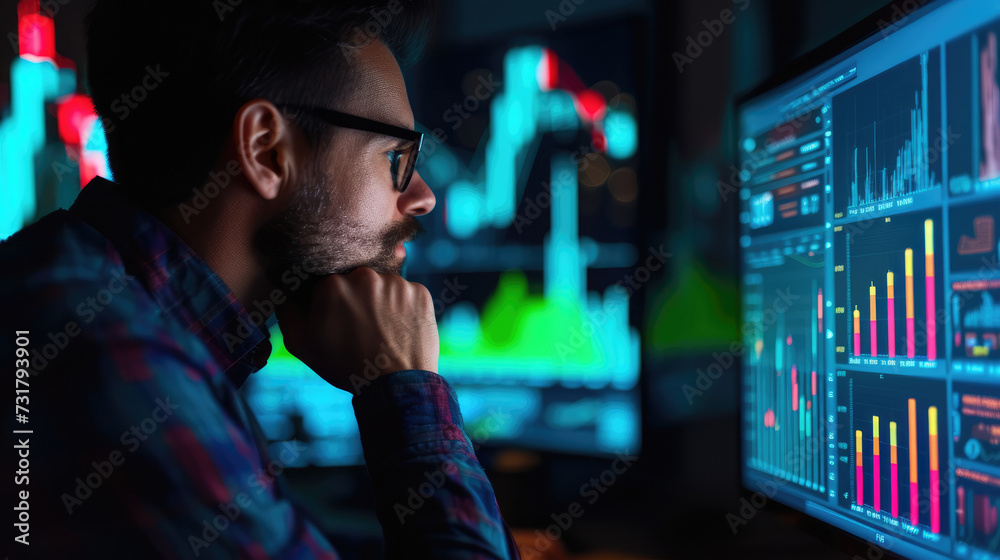 Close-up of a concentrated male trader with beard and glasses analyzing stock market trends on multiple digital monitors. Business concept. Close-up of a concentrated male trader with beard and glasses analyzing stock market trends on multiple digital monitors. Business concept.