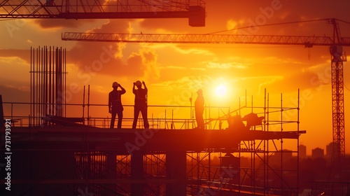 photo of construction workers sunset background