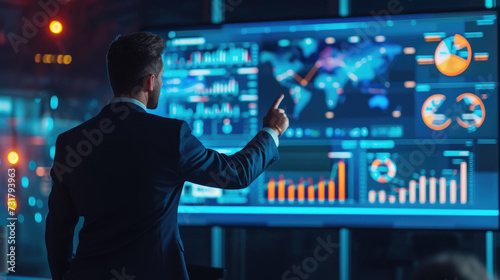 Corporate executive pointing at high-tech screens showing global market data and financial graphs in a modern control room. Business concept.