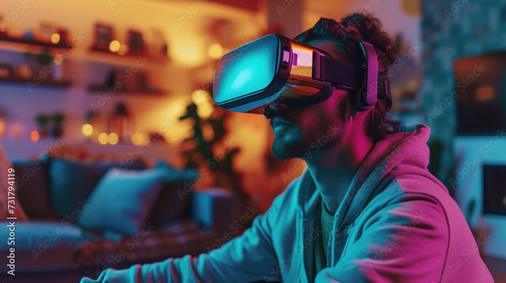 A man wearing a VR headset in a vibrant neon lighting living room. virtual reality concept.