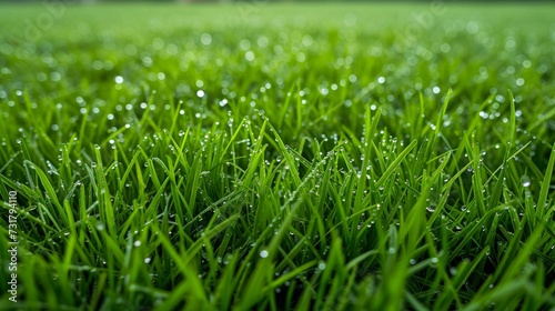 Water droplets adorn spring grass in a detailed close-up