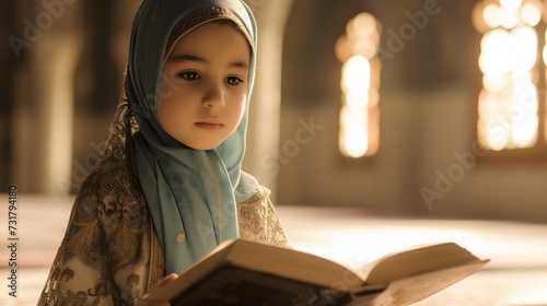 a young girl reciting Quranic verses in the mosque photo
