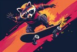 Charming flat logo featuring a cute raccoon confidently skateboarding and flashing a metal hand gesture, epitomizing animal athleticism and style