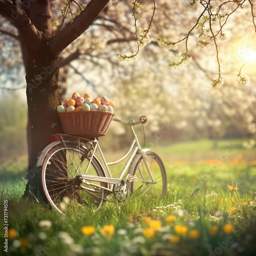 Bike being propped against the tree with basket full of Easter eggs on the meadow with grass, spring flowers and sun shining. Concept of Easter, Travel and Delivery.