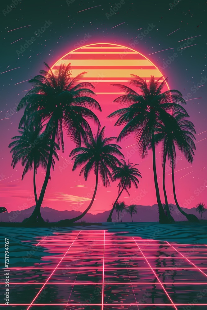 Naklejka premium Sunset on tropical beach with palm tree generated ai.