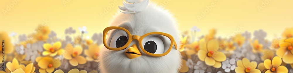 Lovely cartoon chick with yellow flowers decoration and bright, yellow background as banner