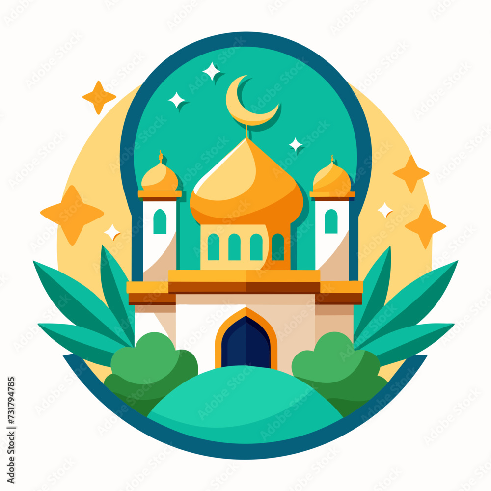 Vector mosque with a muslim man. Ramadhan vector.