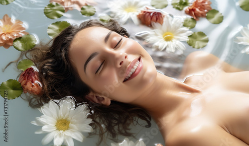 Portrait of a young, smiling woman lying in shallow water with floating flowers. Skin care beauty, skincare cosmetics. Self care. Spa concept 