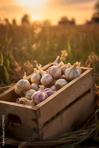 Garlic harvested in a wooden box with field and sunset in the background. Natural organic fruit abundance. Agriculture, healthy and natural food concept. Vertical composition.
