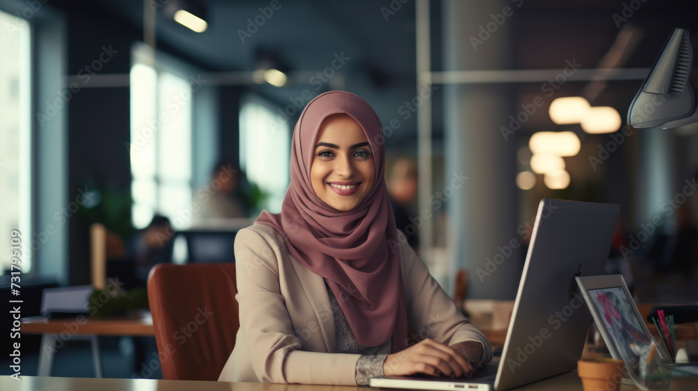 attractive modern Arabian businesswoman in traditional clothing working in office attractive modern Arabian businesswoman in traditional clothing working in office