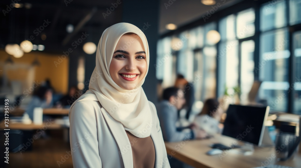 attractive modern Arabian businesswoman in traditional clothing working in office