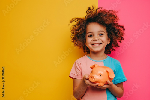 Smiling mixed race girl with curly hair holding piggy bank on vivid yellow and pink background.