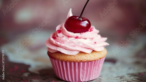 Pink frosted cupcake with a single cherry on top, isolated