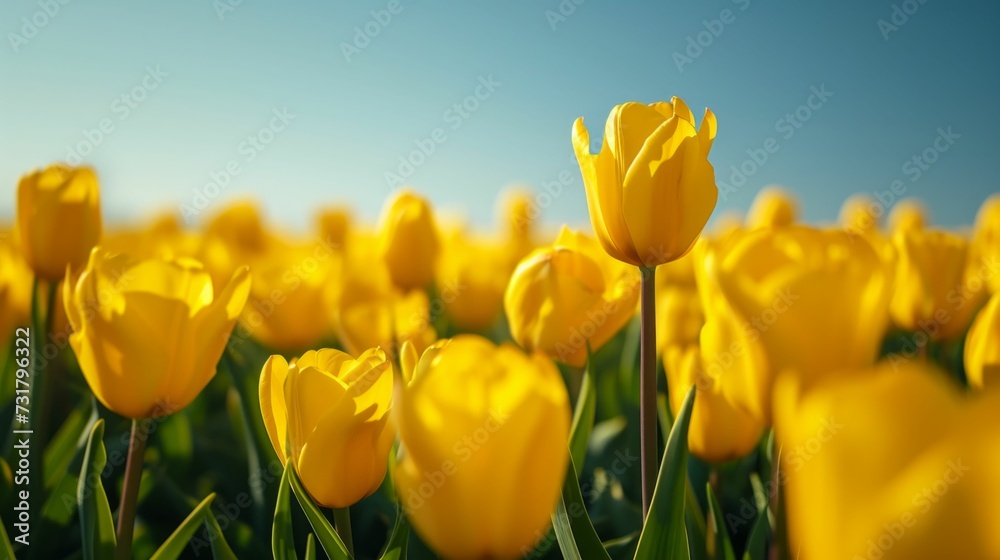 Obraz premium Vibrant yellow tulip field, under a clear blue sky