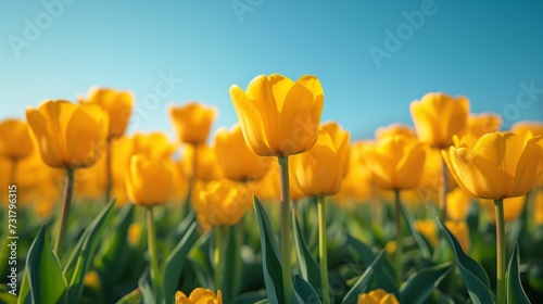 Yellow tulips beneath a clear blue  landscapes