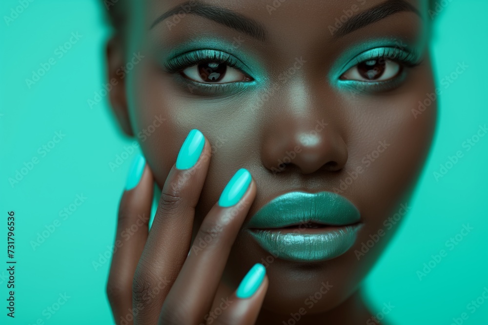 African American woman touches her face by a hand with long nails and