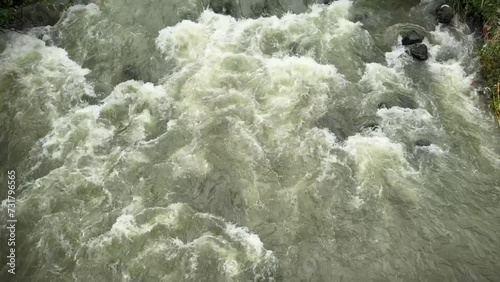 Natural river stream in Bogor tropical forest in Asia, beautiful scenery of water flowing