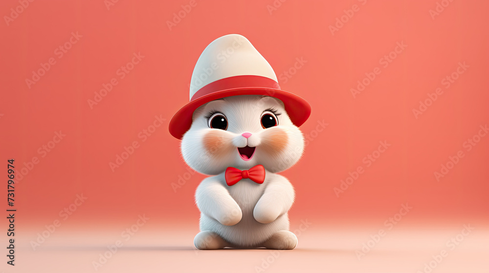 Sweet, lovely, happy rabbit bunny with a hat isolated on the pastel red background, easter celebration concept