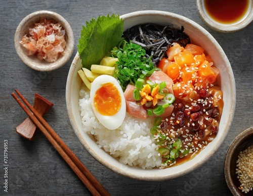 food shot close up a bowl of donburi with various toppings top view