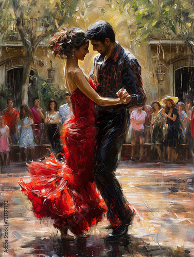 Oil painting of couple dancing flamenco in the street, crowd of spectators enjoy sensual dance. Spanish culture concept