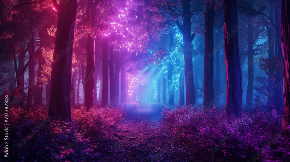 Fantasy dark forest with fog, path and neon lights.