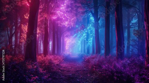 Fantasy dark forest with fog, path and neon lights.