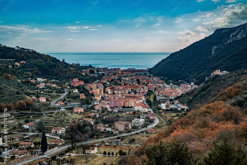 panorama of the town in Pietra Ligure , Italy