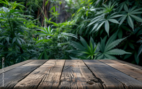 Rustikaler Holztisch mit Freiraum und mit Cannabis-Pflanzen im Hintergrund - Produkt Pr  sentation