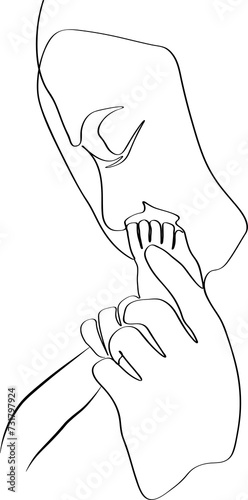 mother kisses the foot of a small child. one line drawing. Logo mom and newborn baby on isolated white background.
