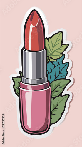Cute sticker with red lipstick and green leaves. Natural cosmetics concept. Lipstick makeup pop art retro illustration.
