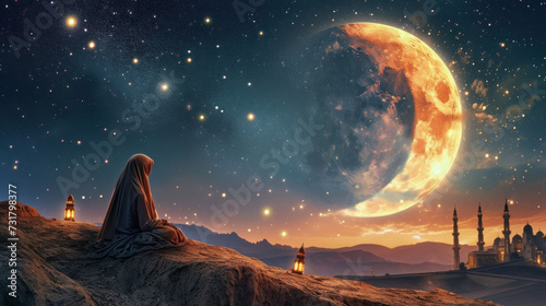 illustration of a woman praying on a rock in a burqa against the background of a shining moon and a mosque, poster