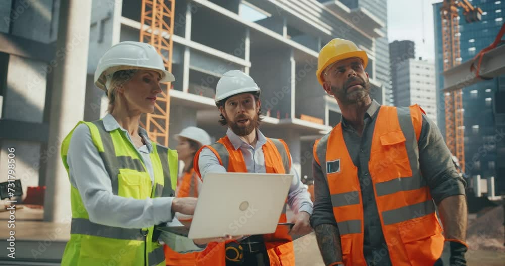 Portrait of a Site Manager Talking with General Operatives at a Residential Building Construction Area. Female and Male Employees Using a Laptop Computer to Oversee the Real Estate Project Plan Portrait of a Site Manager Talking with General Operatives at a Residential Building Construction Area. Female and Male Employees Using a Laptop Computer to Oversee the Real Estate Project Plan