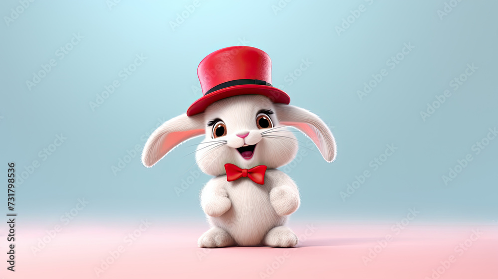 Cute, happy, laughing bunny rabbit with red hat isolated on pastel pink and blue background