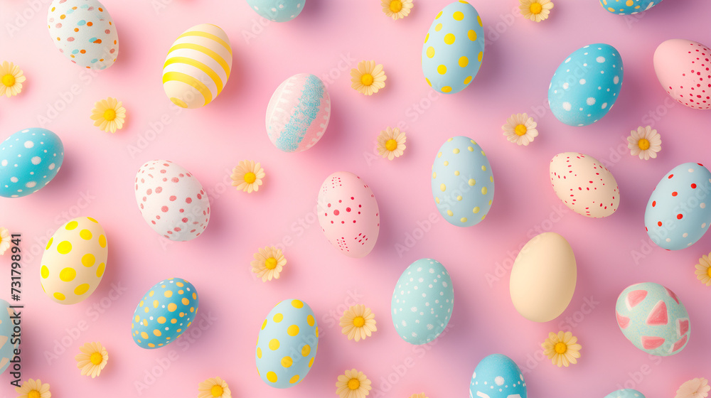 Pastel colored easter eggs arranged on a pink background in the style of photography installations, advertising-inspired. Minimal Easter background	