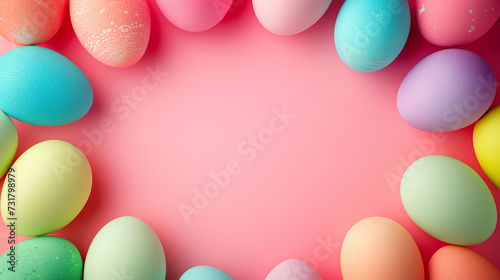 Easter colorful eggs border on a pink background. Pastel colors. Minimal Easter background