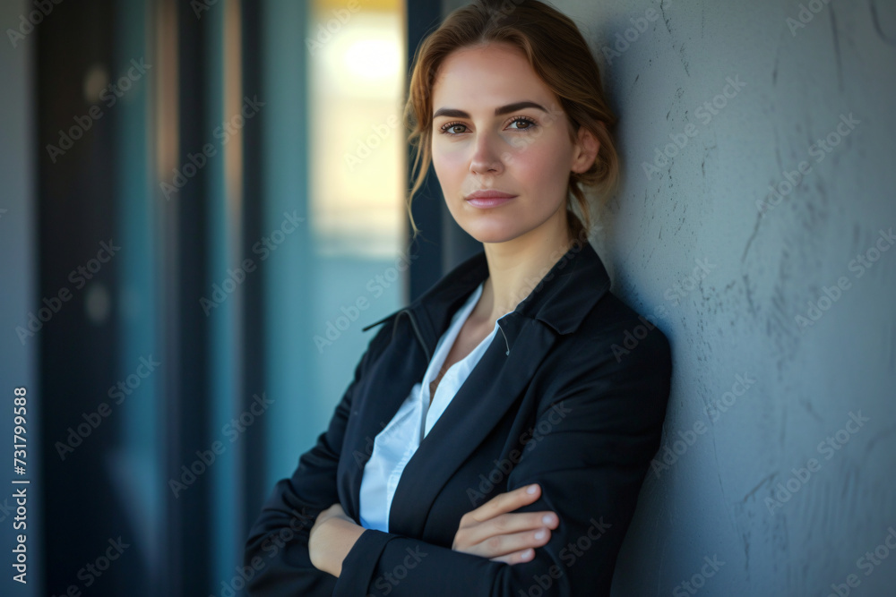 Portrait of a young business woman in a navy blue business suit standing and leaning against a wall Portrait of a young business woman in a navy blue business suit standing and leaning against a wall