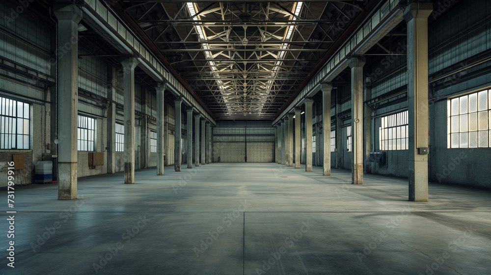 Spacious and deserted warehouse, concrete floors and structural beams. Symbolizing industrial decline or transition