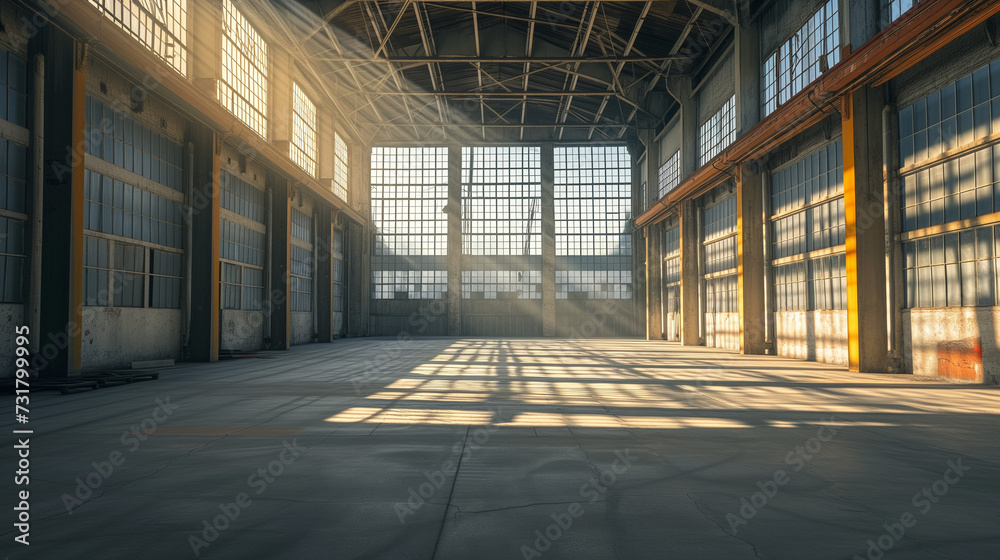 Empty warehouse with sunlight streaming through high windows, casting long shadows