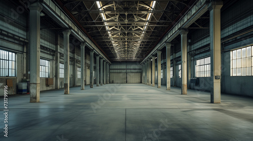 Spacious and deserted warehouse, concrete floors and structural beams. Symbolizing industrial decline or transition