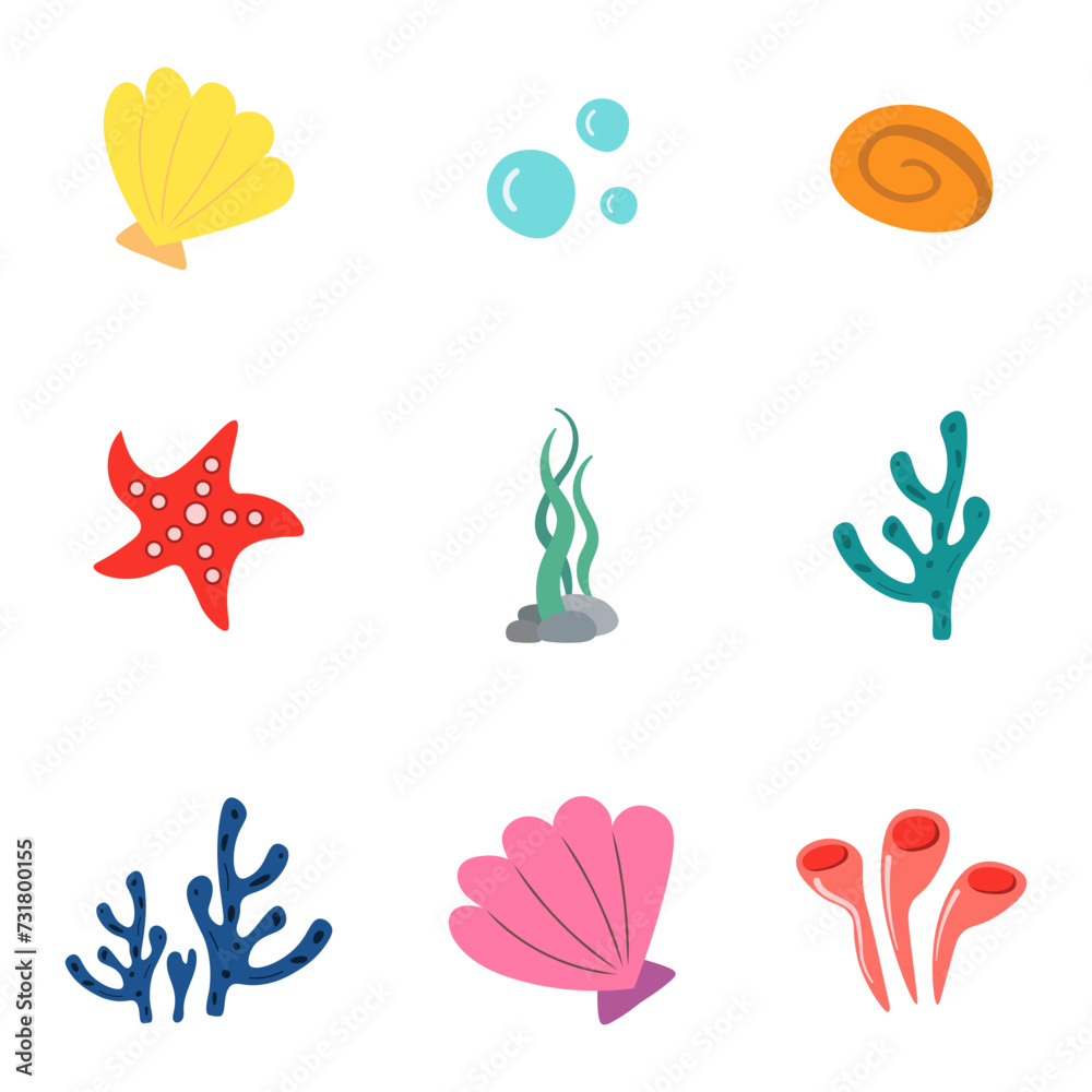 Vector set of marine beach objects. Vector set of marine beach objects.