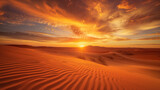 Vibrant sunset over a desert, warm colors painting the sand and sky, serene and dramatic backdrop of the wilderness