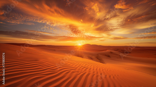 Vibrant sunset over a desert  warm colors painting the sand and sky  serene and dramatic backdrop of the wilderness